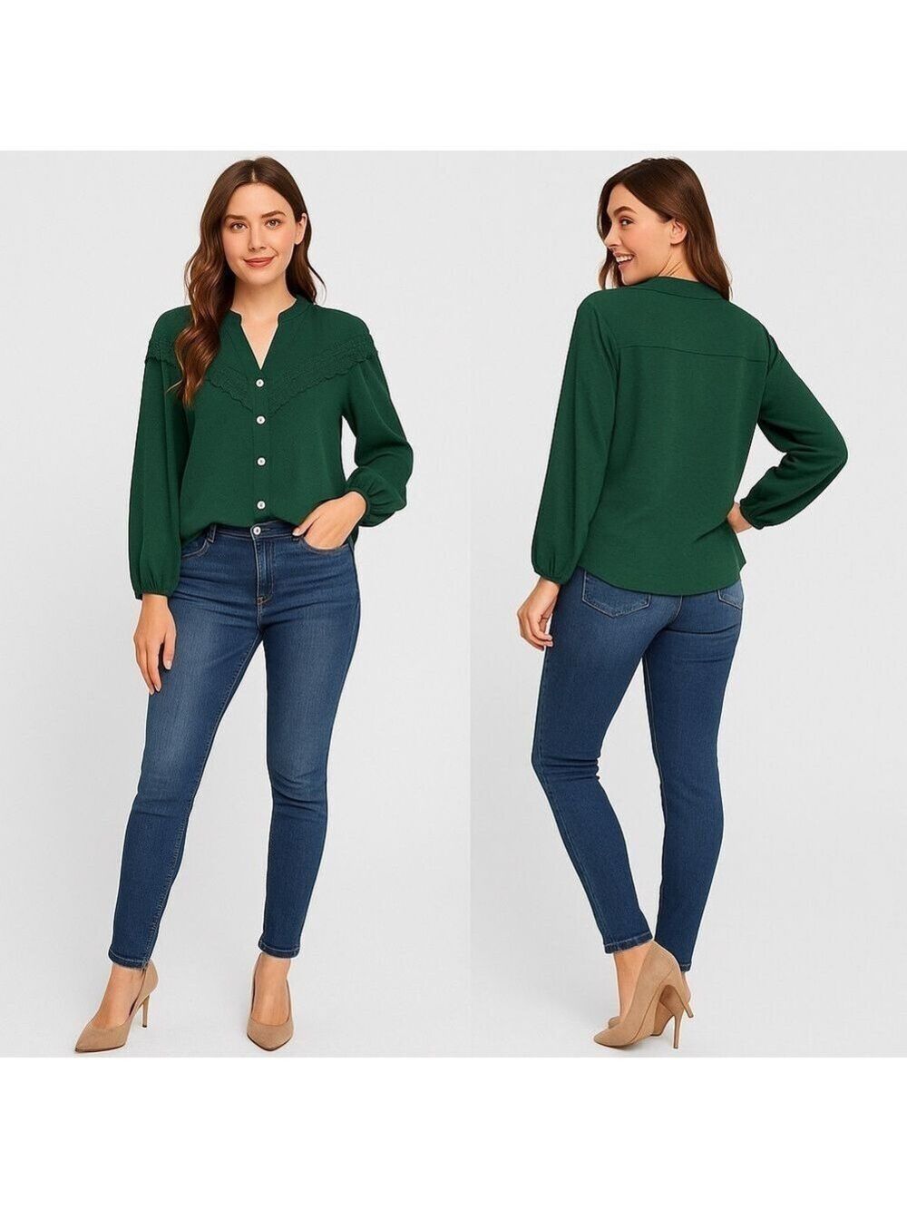 🌿 SHEIN Forest Green Lace Detail Button-Front Blouse 🍃 Size S (EU 36 / US 4)
